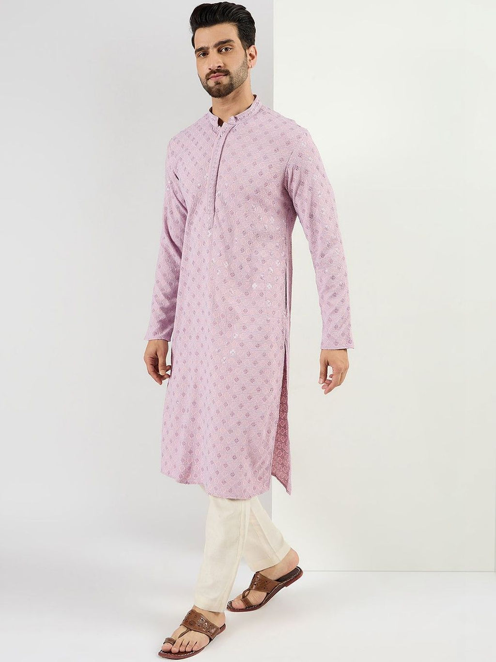 Men Purple Viscose Rayon Solid Embroidered Straight Kurta With Pant Set-MKSET1061