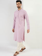 Men Purple Viscose Rayon Solid Embroidered Straight Kurta With Pant Set-MKSET1061