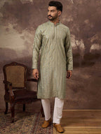 Men Green Silk Blend Solid Embroidered Straight Kurta With Pant Set-MKSET1356