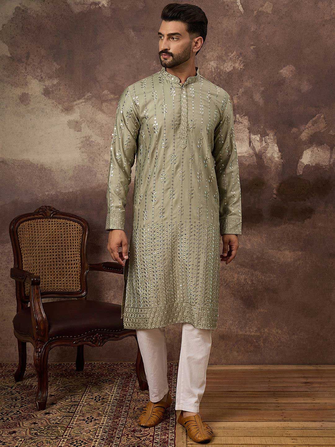 Men Green Silk Blend Solid Embroidered Straight Kurta With Pant Set-MKSET1356