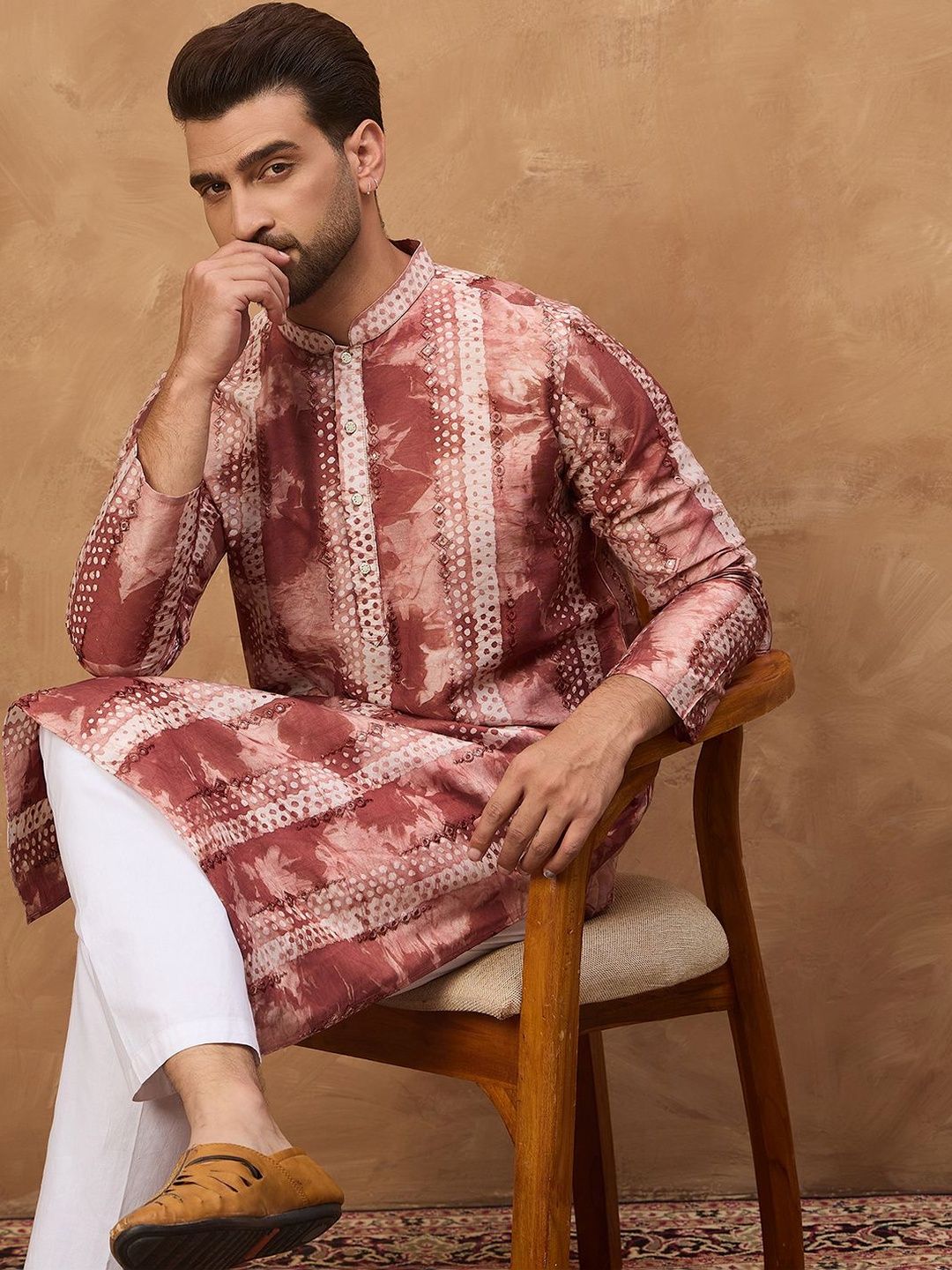 Men Brown Silk Blend Shibori Embroidered Straight Kurta With Pant Set-MKSET1539