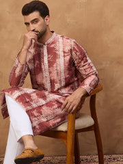 Men Brown Silk Blend Shibori Embroidered Straight Kurta With Pant Set-MKSET1539