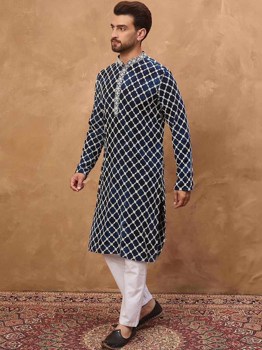 Men Blue Viscose Rayon Shibori Embroidered Straight Kurta With Pant Set-MKSET1414