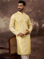 Men Yellow Silk Blend Solid Embroidered Straight Kurta With Pant Set-MKSET1364