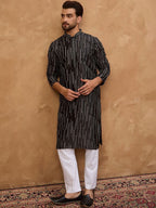 Men Black Silk Blend Geometric Printed Straight Kurta With Pant Set-MKSET1516