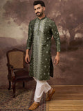 Men Green Silk Blend Solid Embroidered Straight Kurta With Pant Set-MKSET1419