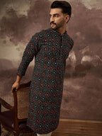 Men Black Viscose Rayon Bandhani Embroidered Straight Kurta With Pant Set-MKSET1402