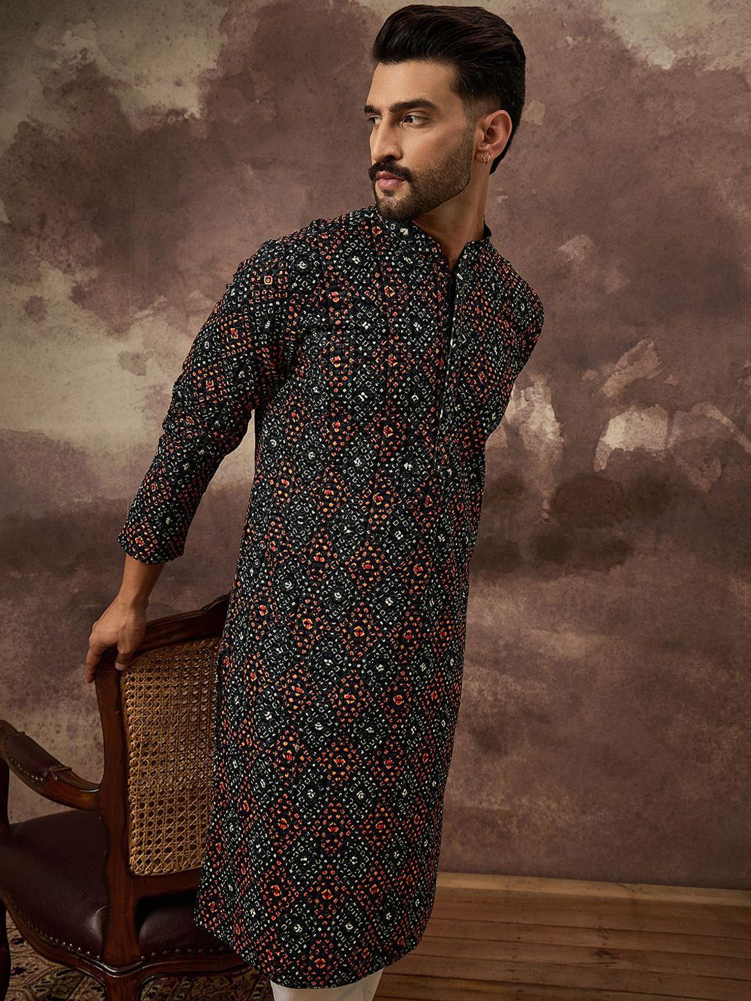 Men Black Viscose Rayon Bandhani Embroidered Straight Kurta With Pant Set-MKSET1402