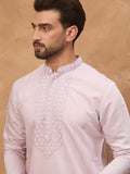 Men Lavender Silk Blend Solid Embroidered Straight Kurta With Pant Set-MKSET1449