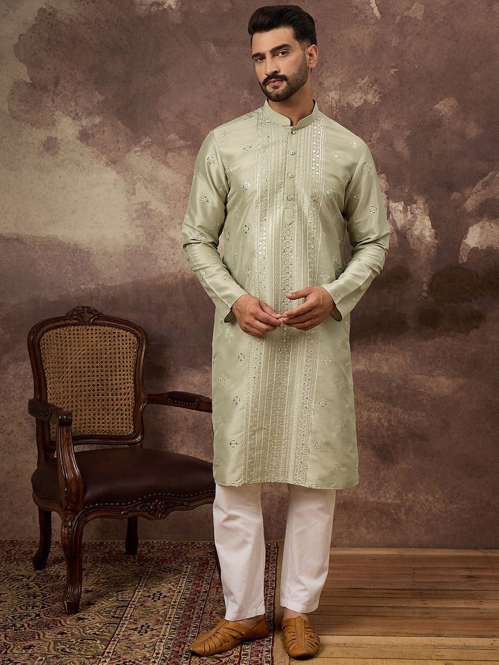 Men Green Silk Blend Solid Embroidered Straight Kurta With Pant Set-MKSET1363