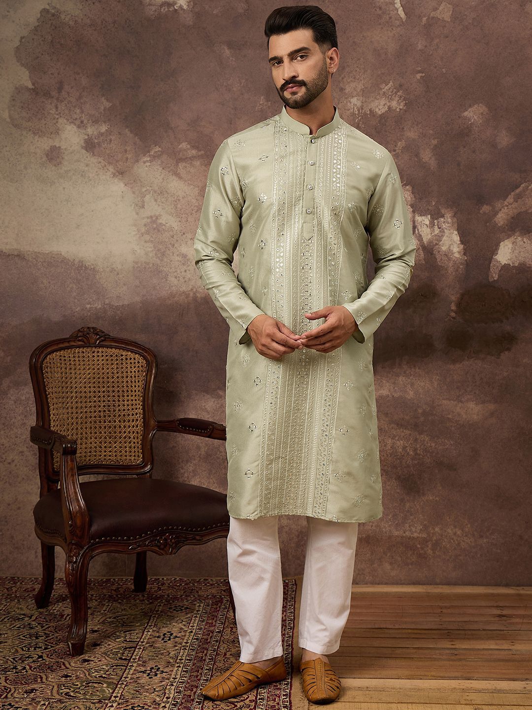 Men Green Silk Blend Solid Embroidered Straight Kurta With Pant Set-MKSET1363