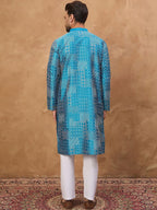 Men Blue Silk Blend Geometric Printed Straight Kurta With Pant Set-MKSET1527