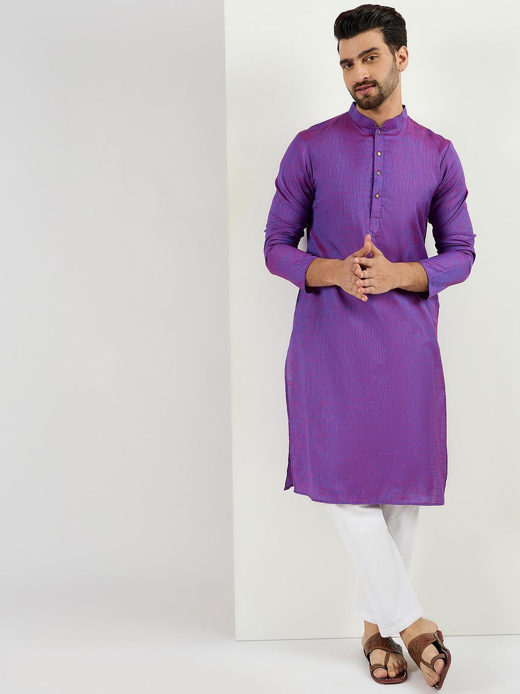 Men Purple Cotton Solid Woven Design Straight Kurta With Pant Set-MKSET1099