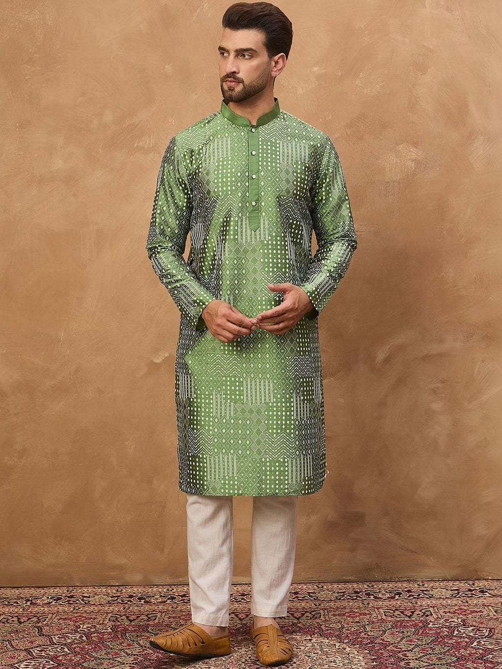 Men Green Silk Blend Geometric Printed Straight Kurta With Pant Set-MKSET1530