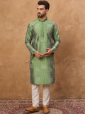 Men Green Silk Blend Geometric Printed Straight Kurta With Pant Set-MKSET1530