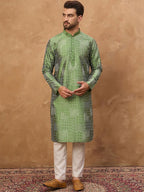 Men Green Silk Blend Geometric Printed Straight Kurta With Pant Set-MKSET1530