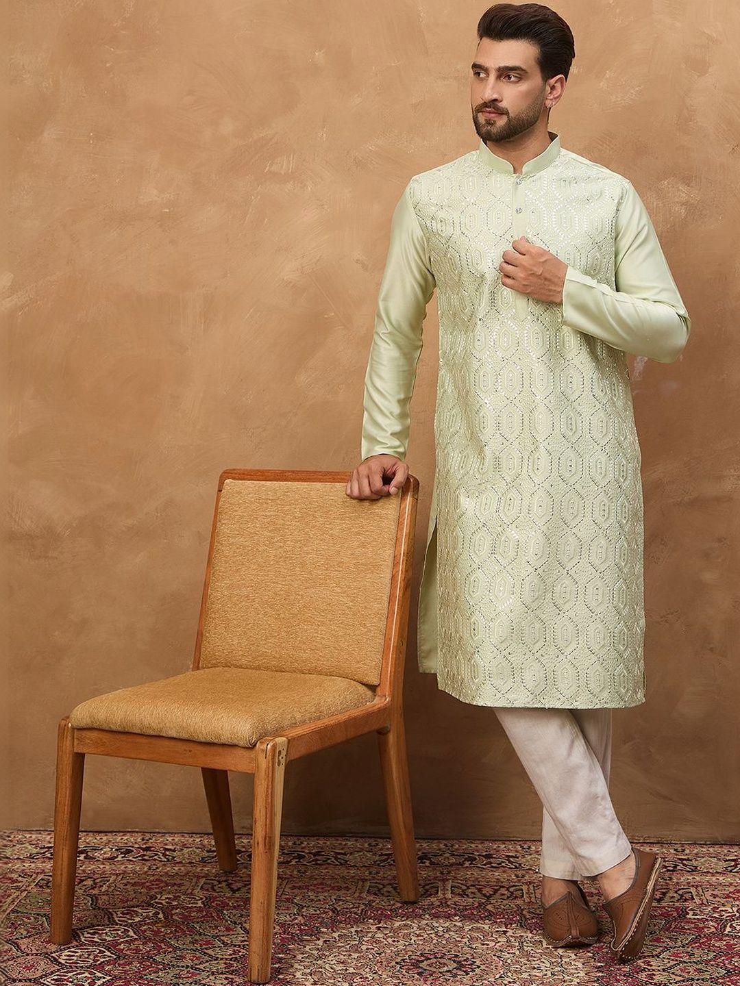 Men Peach Silk Blend Solid Embroidered Straight Kurta With Pant Set-MKSET1445