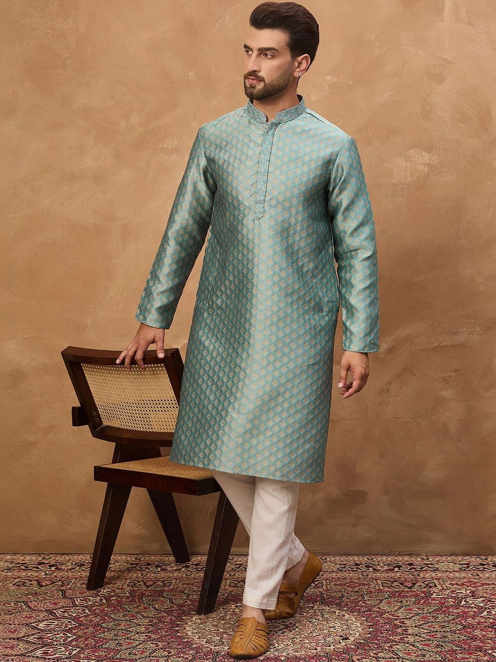 Men Blue Silk Blend Solid Woven Design Straight Kurta With Pant Set-MKSET1457