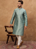 Men Blue Silk Blend Solid Woven Design Straight Kurta With Pant Set-MKSET1457