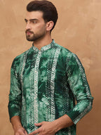 Men Green Silk Blend Shibori Embroidered Straight Kurta With Pant Set-MKSET1538