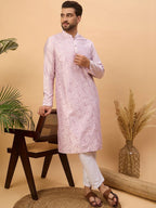 Men Lavender Silk Blend Solid Embroidered Straight Kurta With Pant Set-MKSET1447
