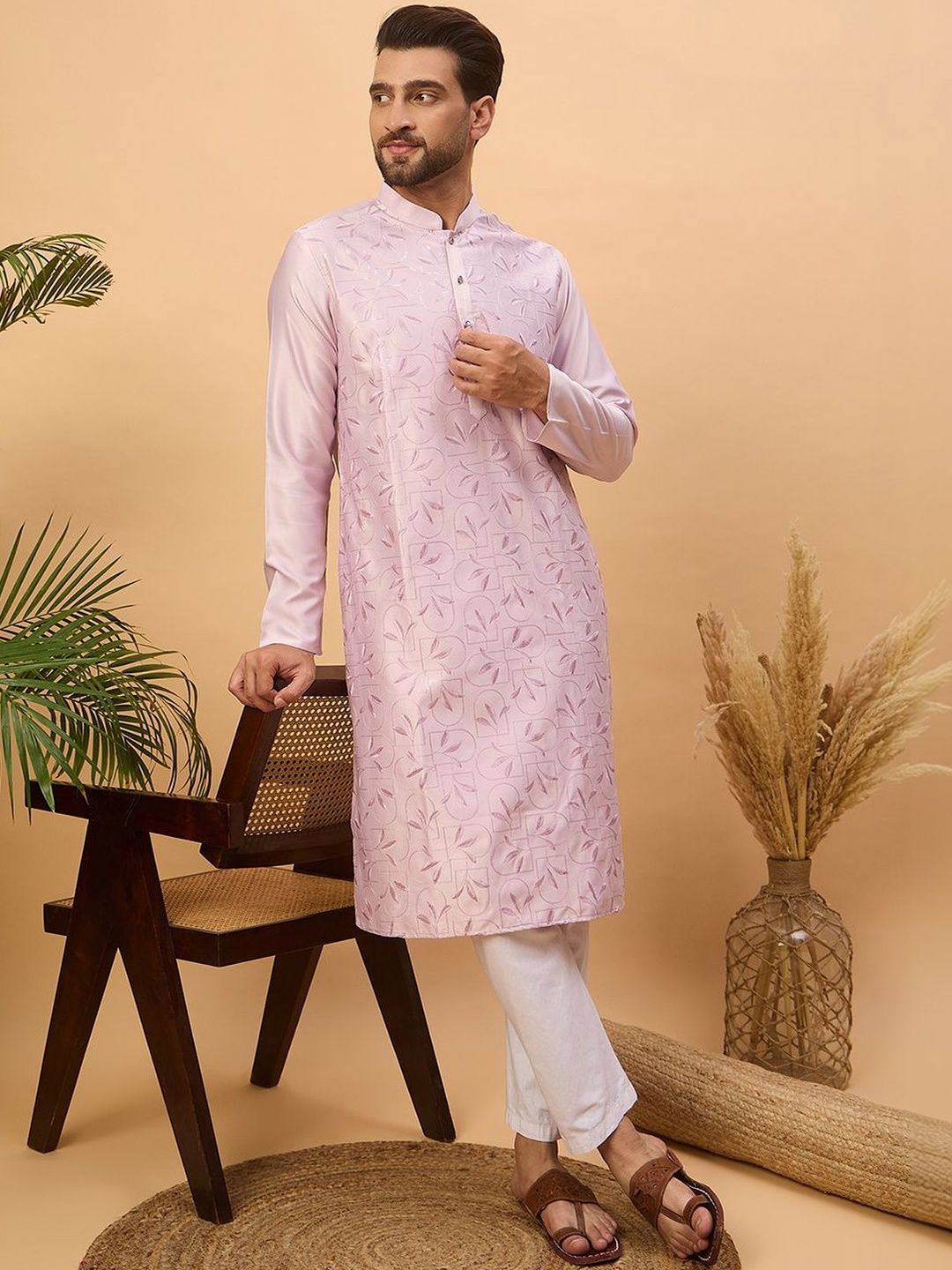 Men Lavender Silk Blend Solid Embroidered Straight Kurta With Pant Set-MKSET1447