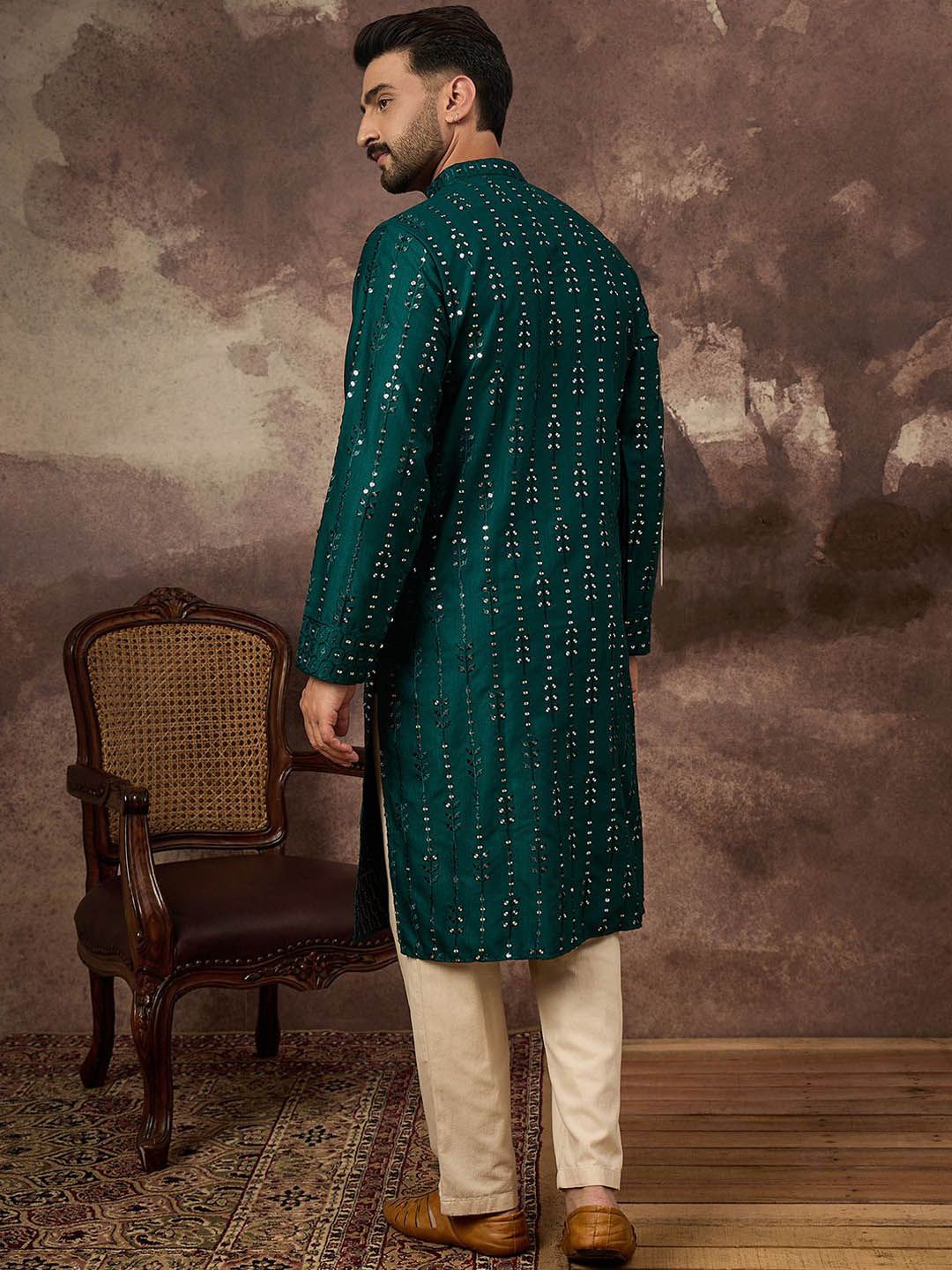 Men Teal Silk Blend Solid Embroidered Straight Kurta With Pant Set-MKSET1357