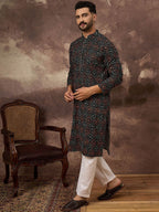 Men Black Viscose Rayon Bandhani Embroidered Straight Kurta With Pant Set-MKSET1402