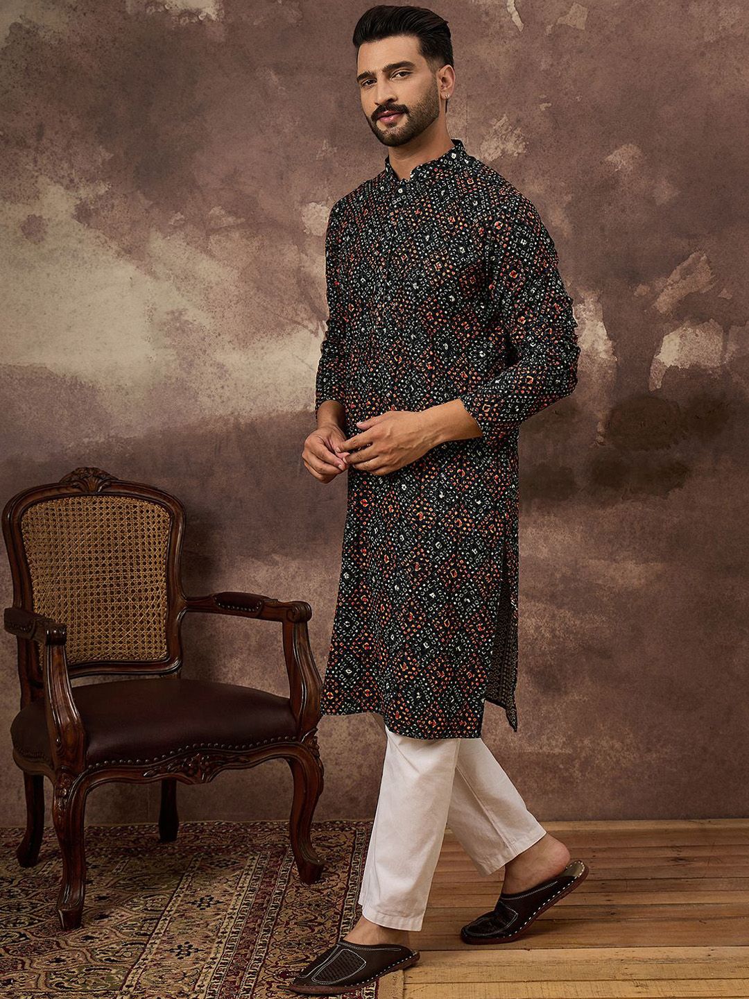 Men Black Viscose Rayon Bandhani Embroidered Straight Kurta With Pant Set-MKSET1402