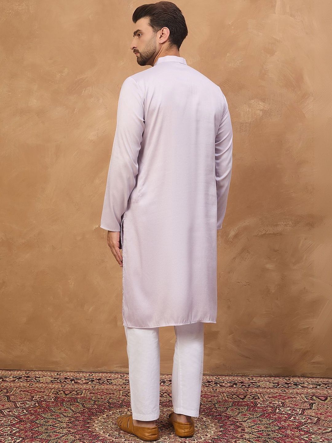 Men Lavender Silk Blend Solid Embroidered Straight Kurta With Pant Set-MKSET1443