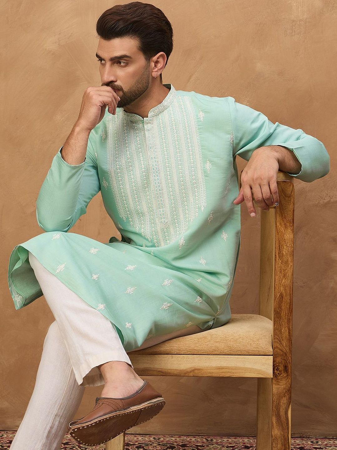 Men Blue Silk Blend Solid Embroidered Straight Kurta With Pant Set-MKSET1511