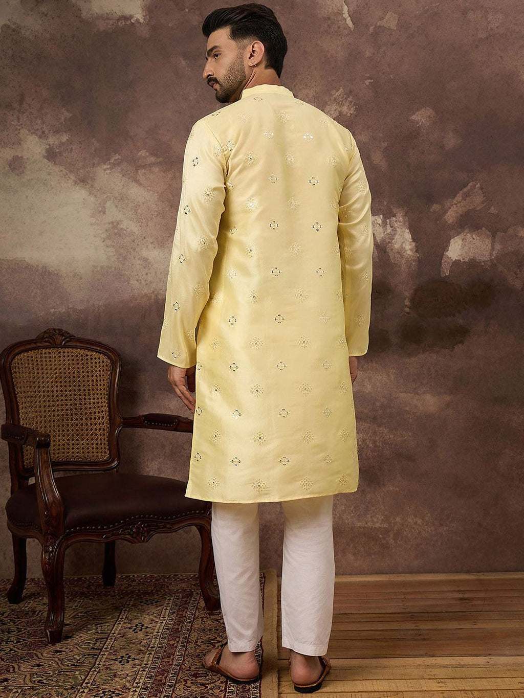 Men Yellow Silk Blend Solid Embroidered Straight Kurta With Pant Set-MKSET1364