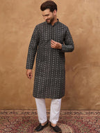 Men Black Silk Blend Geometric Printed Straight Kurta With Pant Set-MKSET1523
