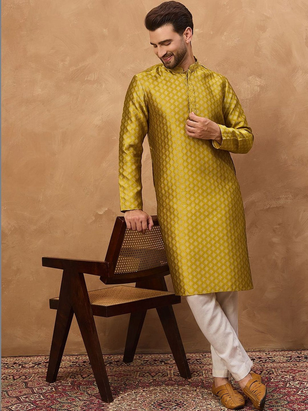 Men Yellow Silk Blend Solid Woven Design Straight Kurta With Pant Set-MKSET1459