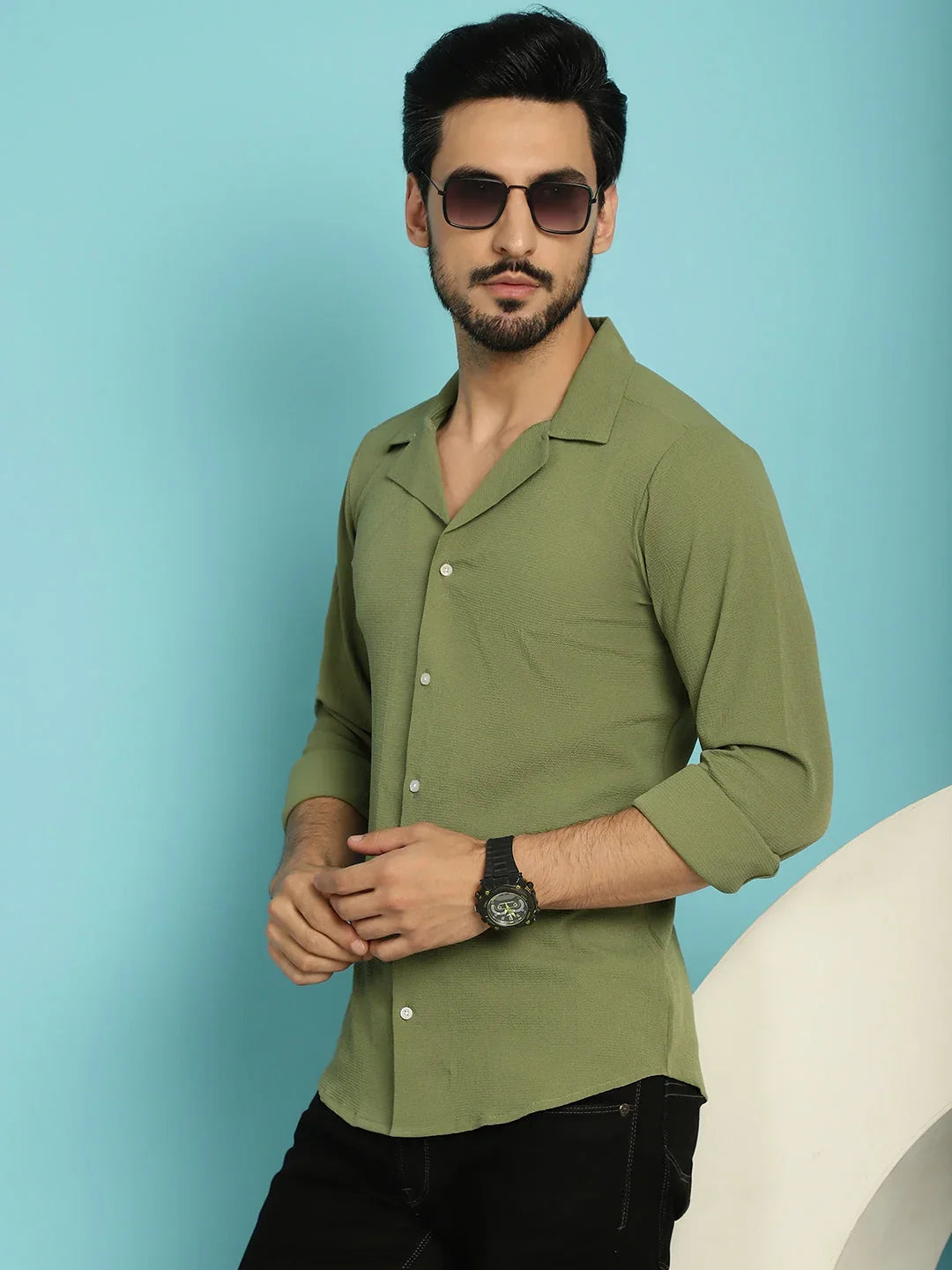 Green Cotton Solid Shirts SF_904Olive | DesiQlo