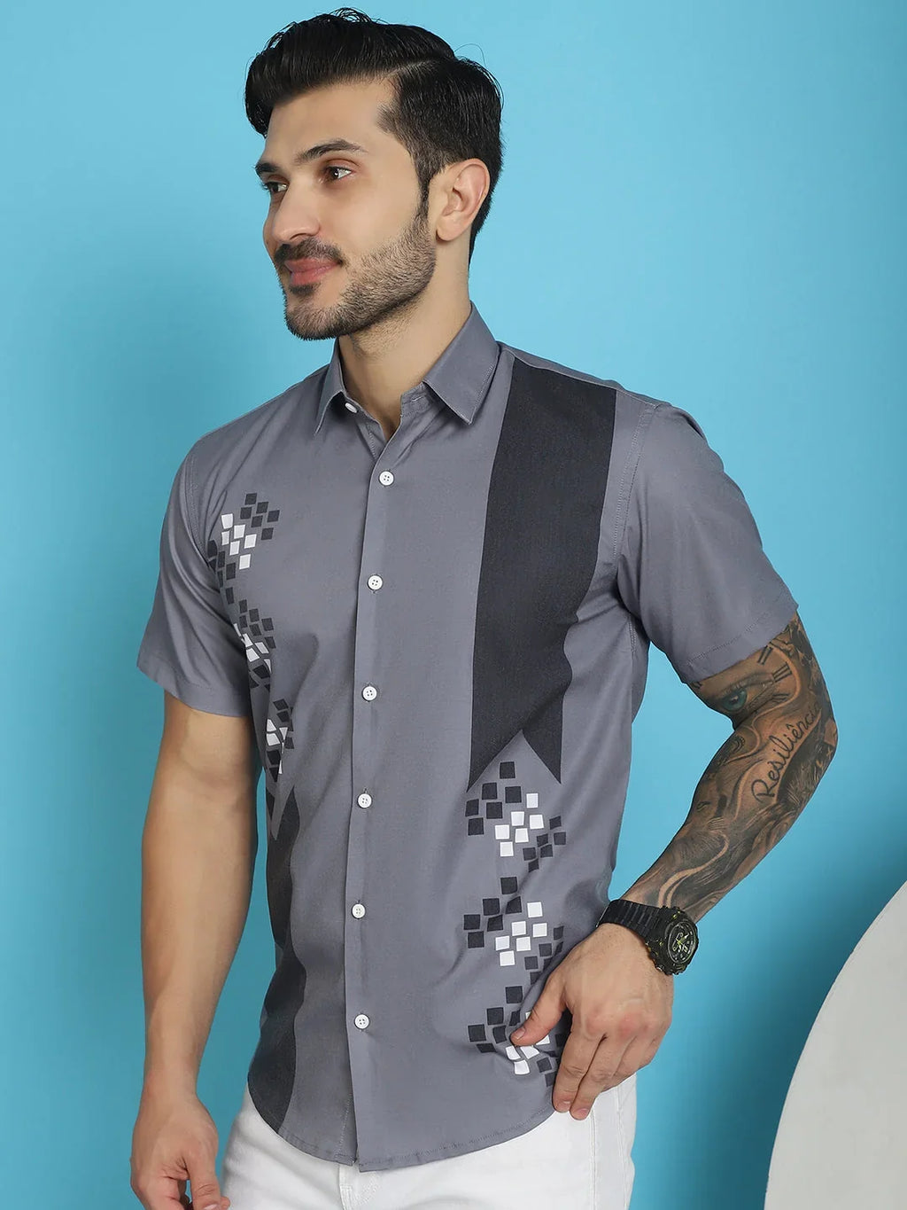 Printed Half Sleeve Lycra Shirt for Men-SF-918Grey