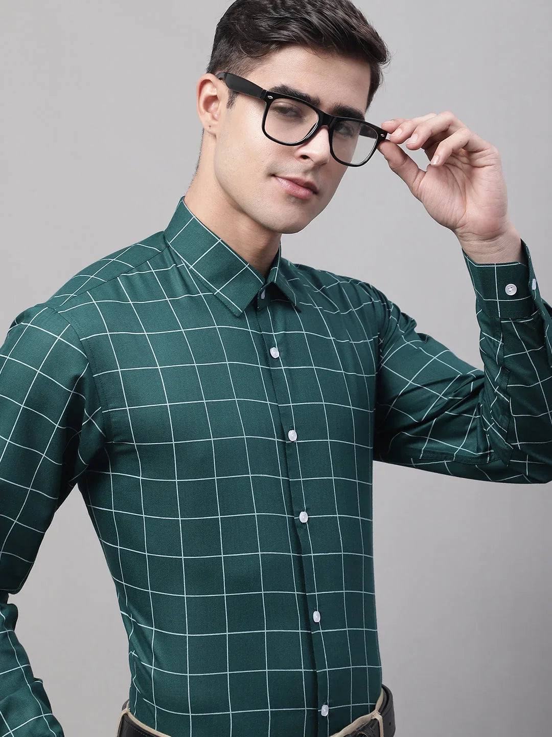 Men's Green Cotton Checked Formal Shirt-SF-742