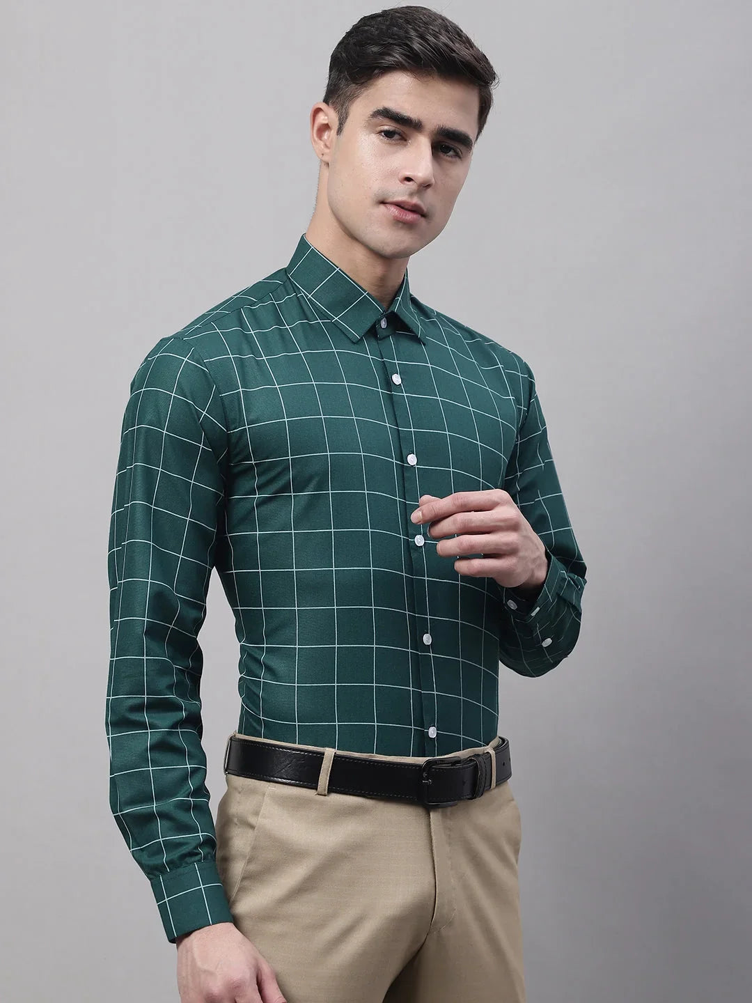 Men's Green Cotton Checked Formal Shirt-SF-742
