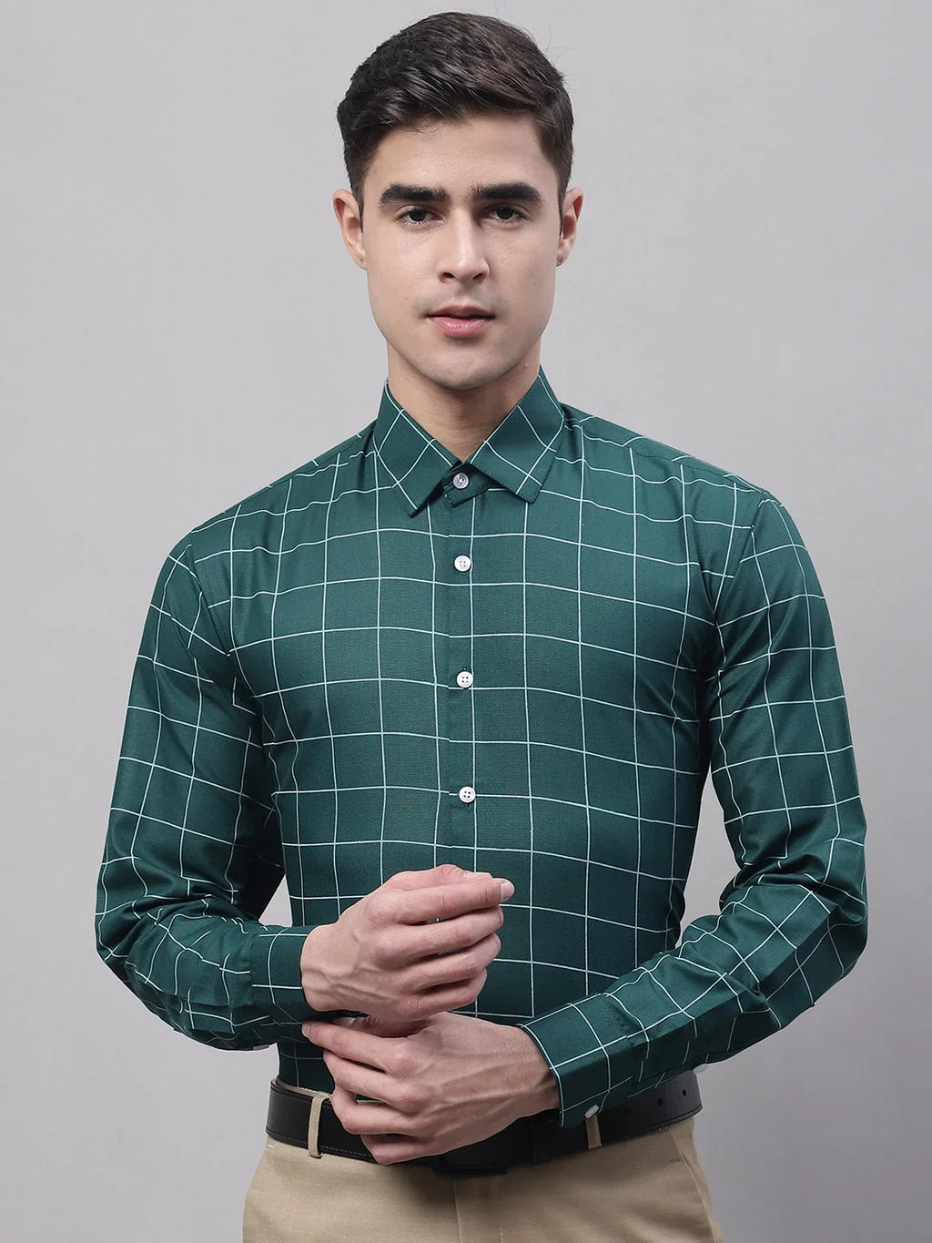 Men's Green Cotton Checked Formal Shirt-SF-742
