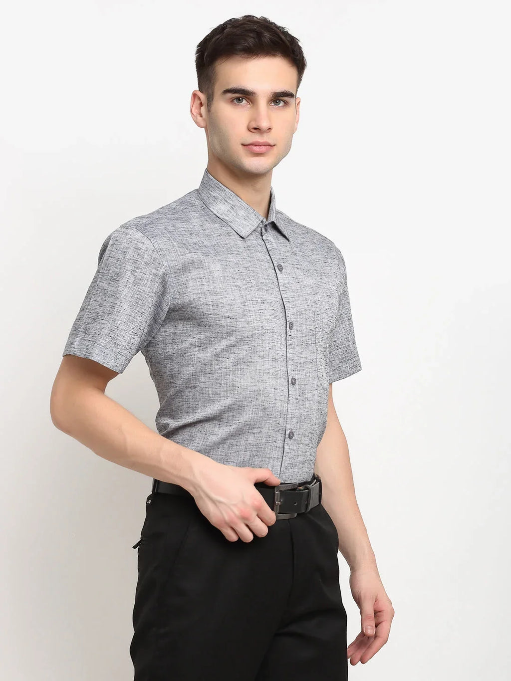 Indian Needle Grey Men's Solid Cotton Half Sleeves Formal Shirt