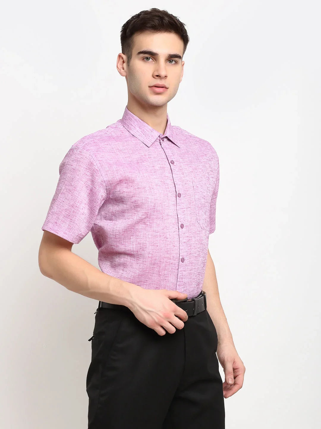 Indian Needle Purple Men's Solid Cotton Half Sleeves Formal Shirt