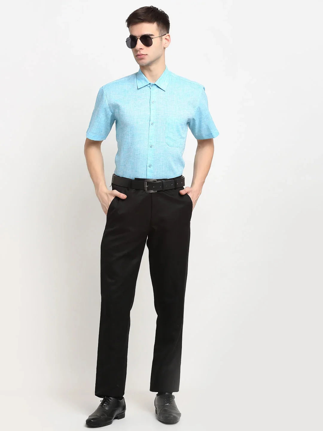 Indian Needle Blue Men's Solid Cotton Half Sleeves Formal Shirt