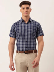Indian Needle Men's Cotton Checked Half Sleeve Formal Shirts-SF-808Blue