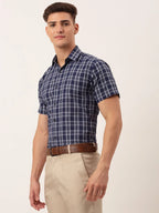 Indian Needle Men's Cotton Checked Half Sleeve Formal Shirts-SF-808Blue