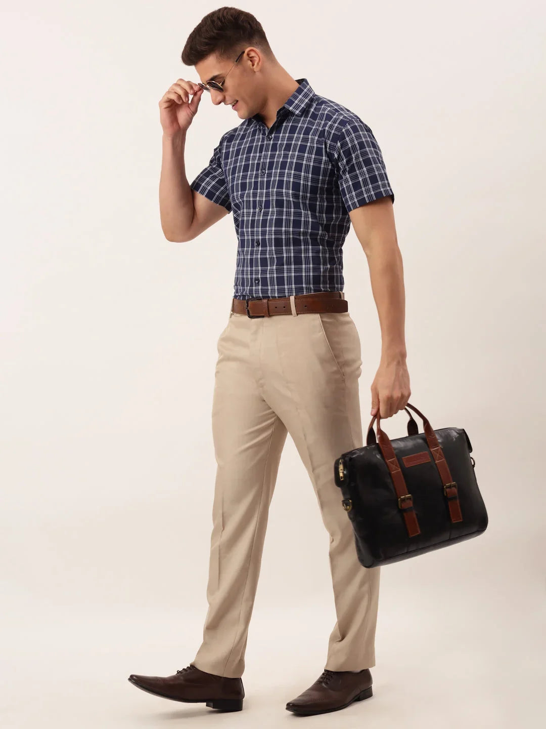 Indian Needle Men's Cotton Checked Half Sleeve Formal Shirts-SF-808Blue