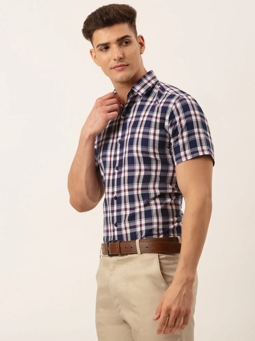 Indian Needle Men's Cotton Checked Half Sleeve Formal Shirts-SF-808Navy