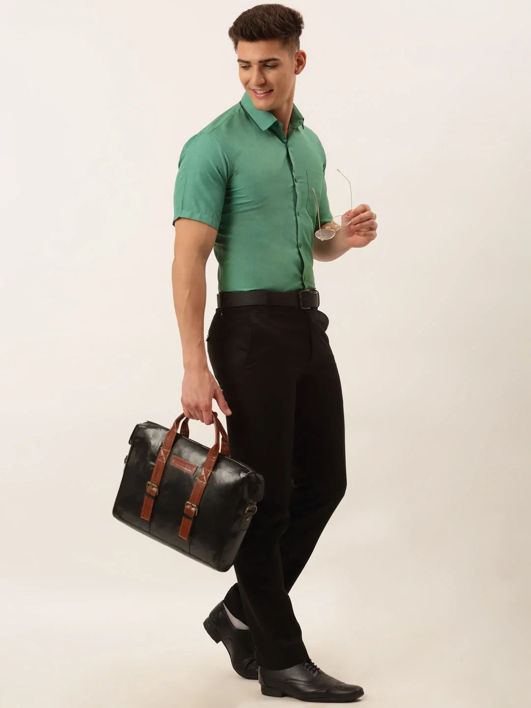 Indian Needle Men's Cotton Solid Half Sleeve Formal Shirts-SF-811Green