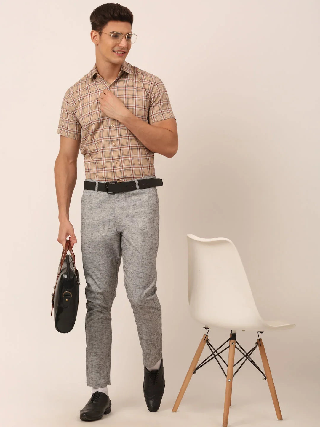 Indian Needle Men's Cotton Checked Half Sleeve Formal Shirts-SF-815Brown