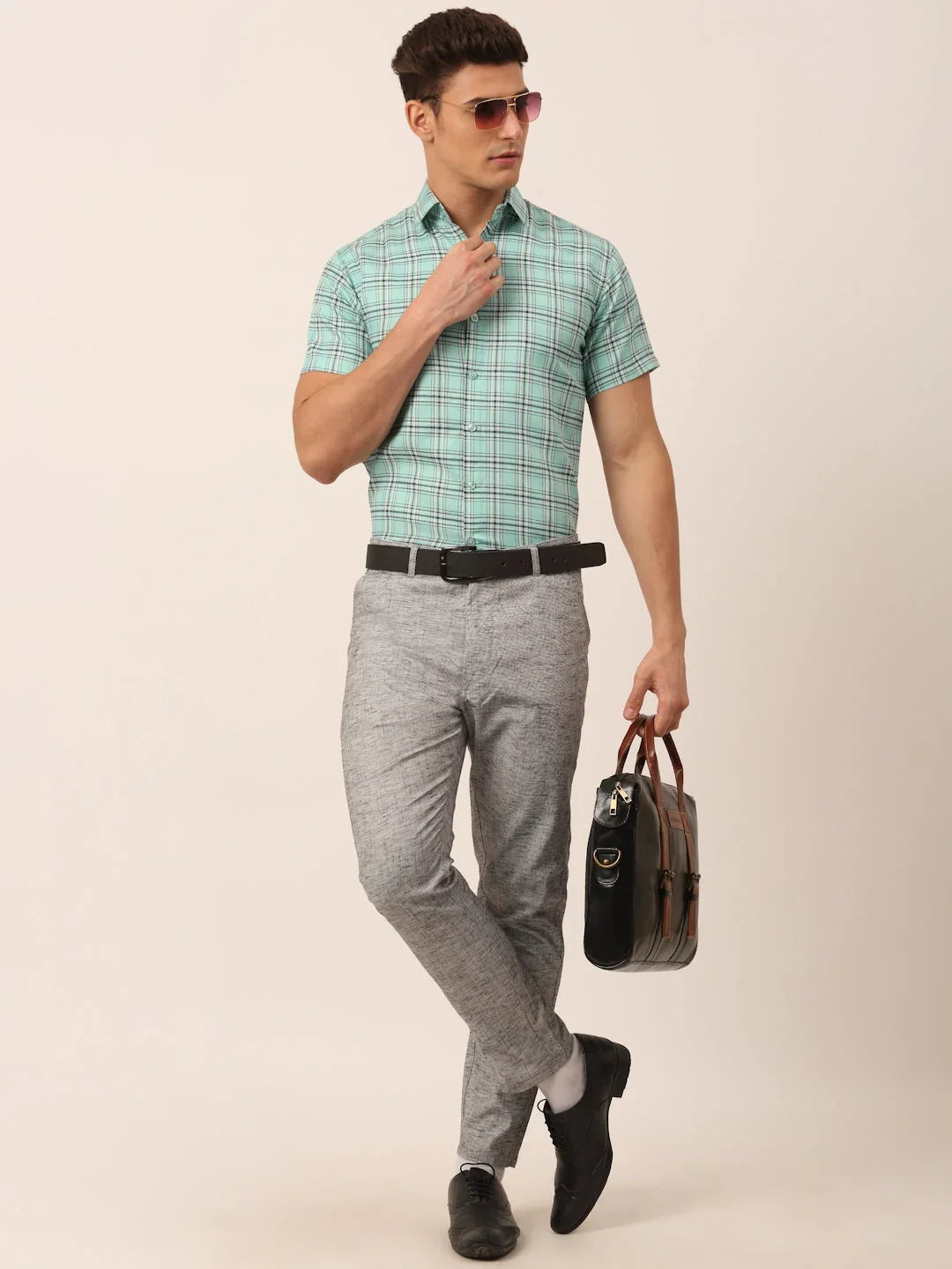 Indian Needle Men's Cotton Checked Half Sleeve Formal Shirts-SF-815Green