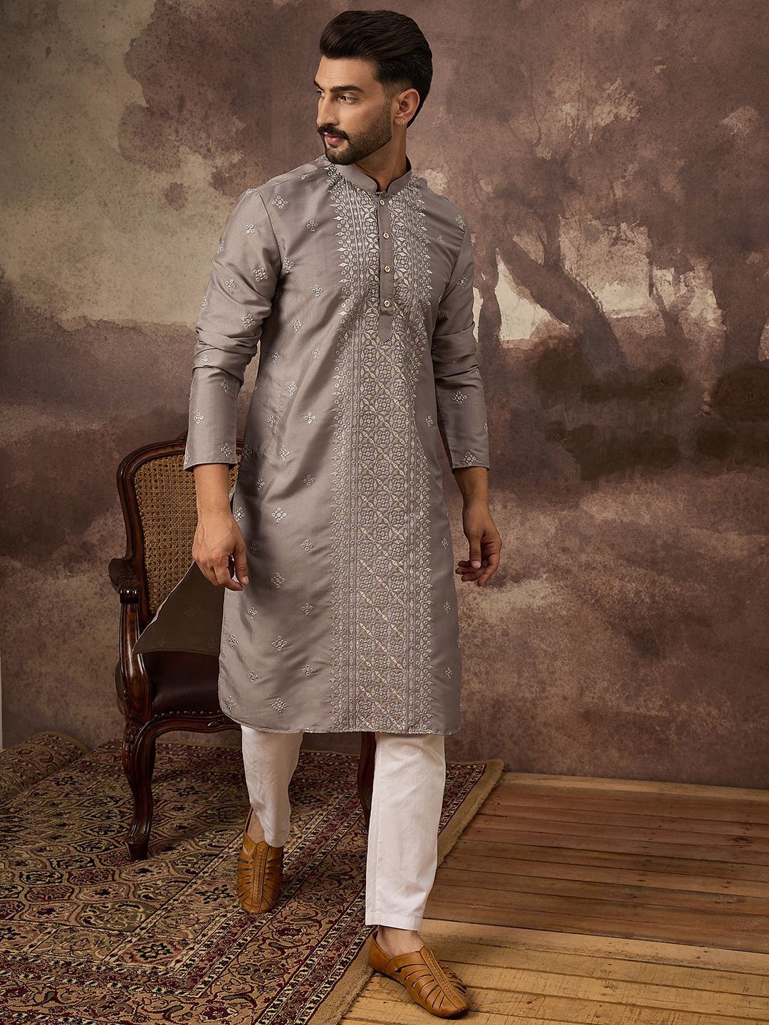 Men Grey Silk Blend Solid Embroidered Straight Kurta With Pant Set-MKSET1420